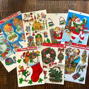Lot of 8 Vintage Color Clings Christmas Window Holiday Decorations Santa Angel